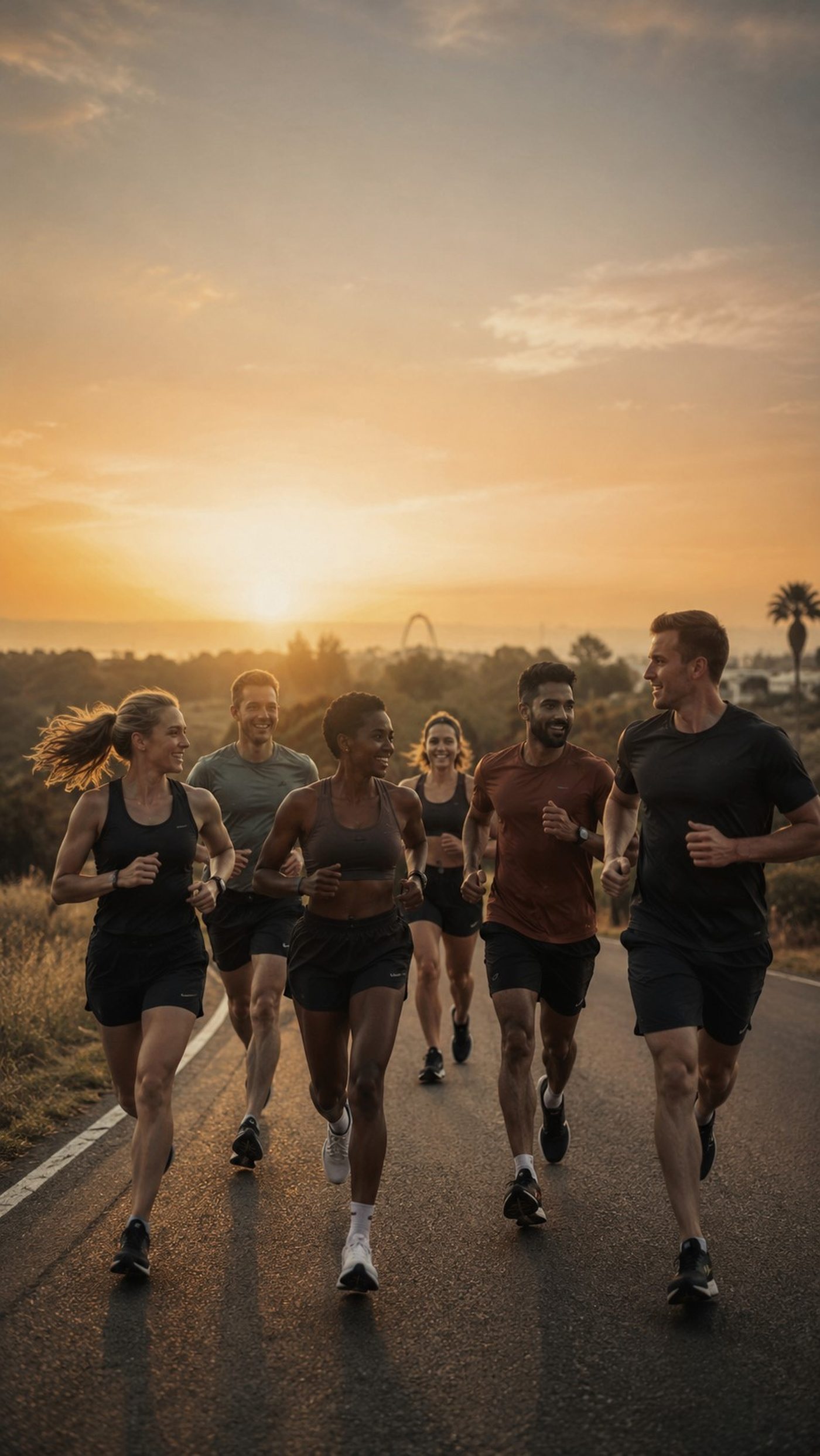 A group running together at sunrise